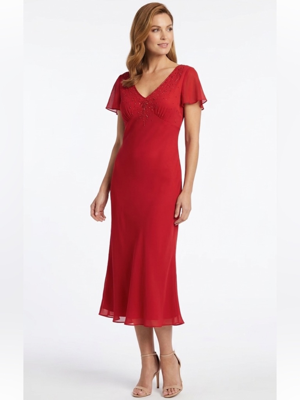 Together Red Beaded Midi Dress Size 14 with Short Flutter Sleeves